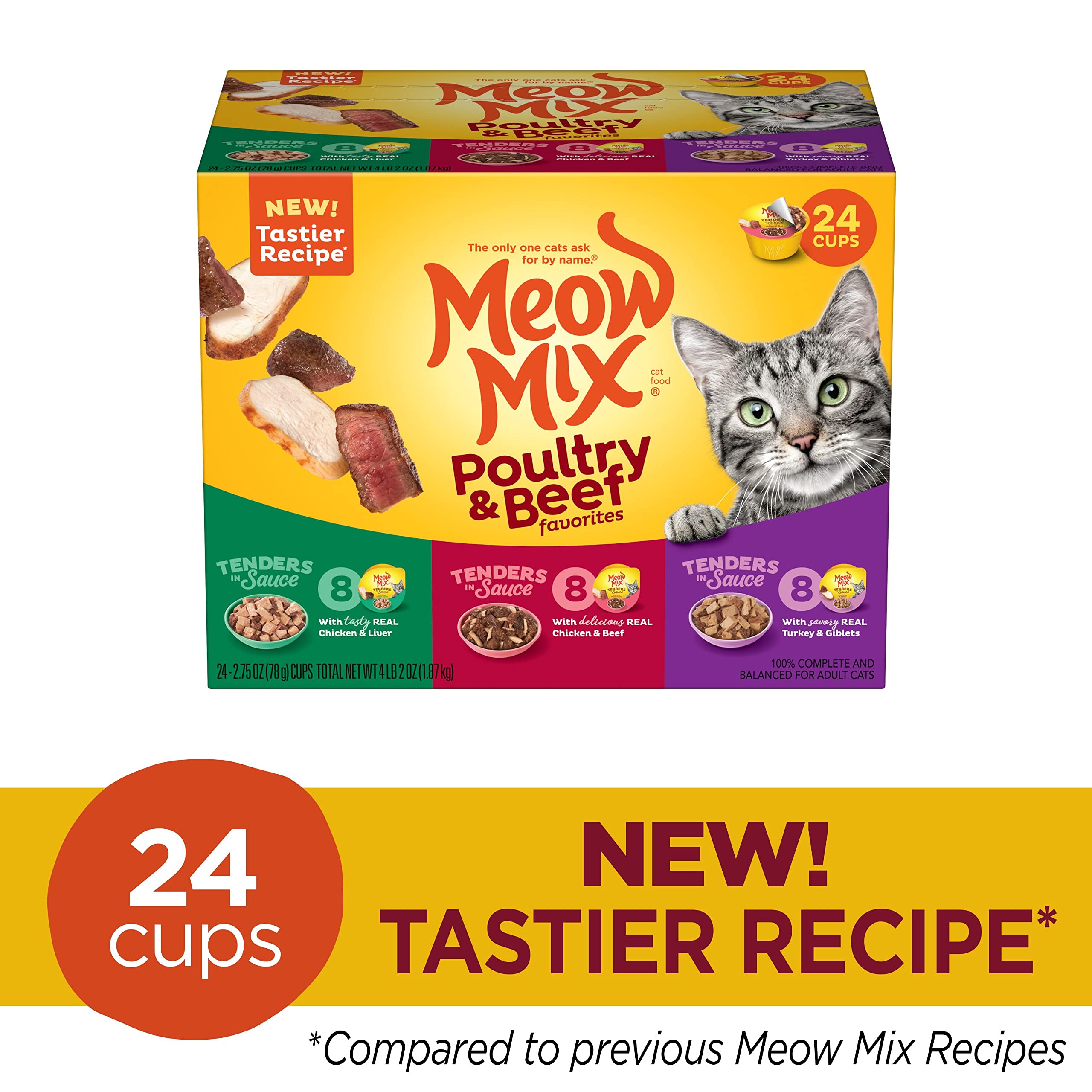 Meow Mix Tender Favorites chicken liver cup with real meat in sauce