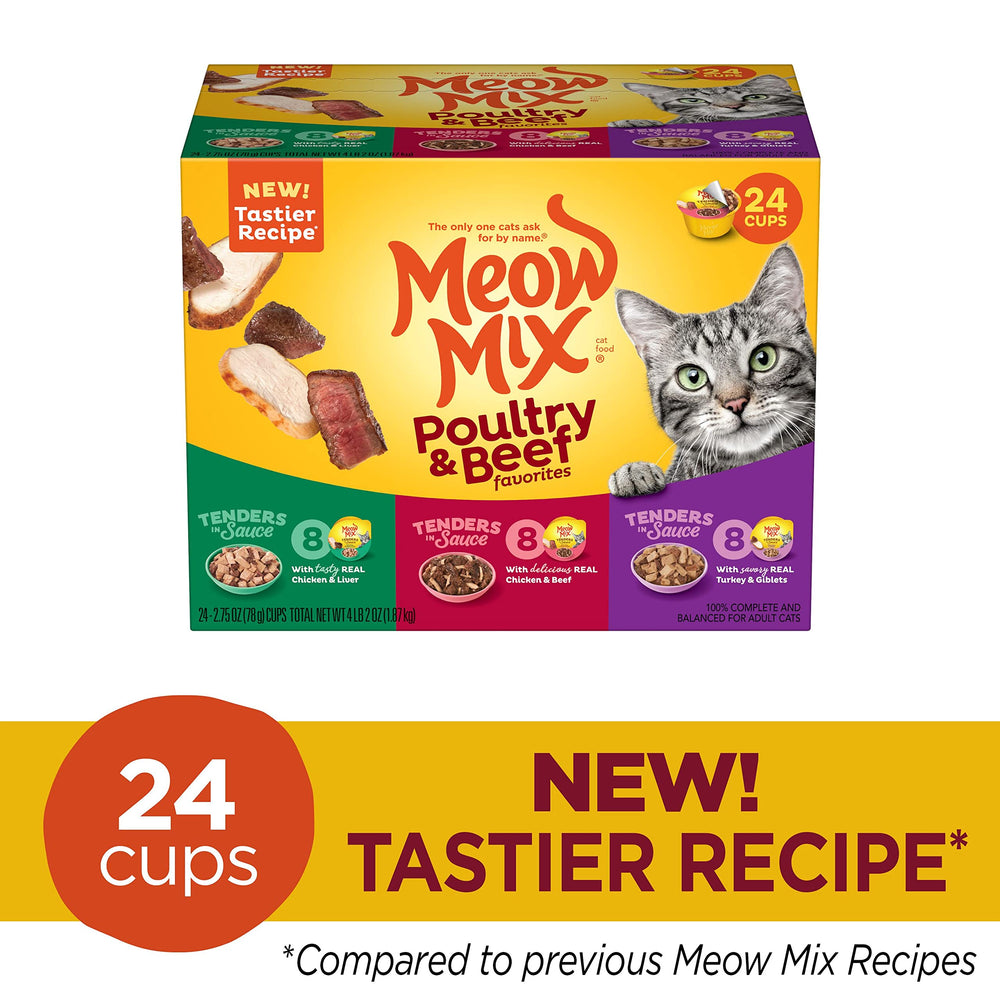 Meow Mix Tender Favorites chicken liver cup with real meat in sauce