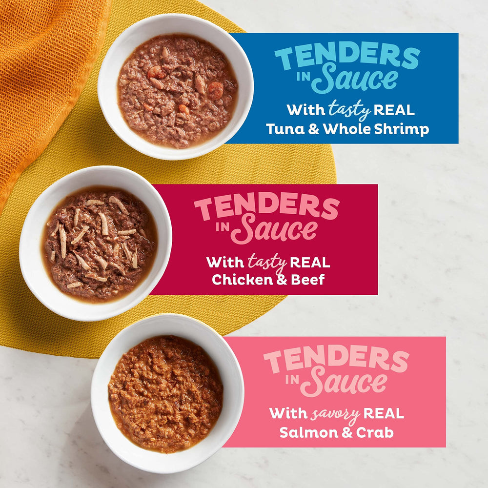 Meow Mix salmon and crab cup in sauce for flavor.