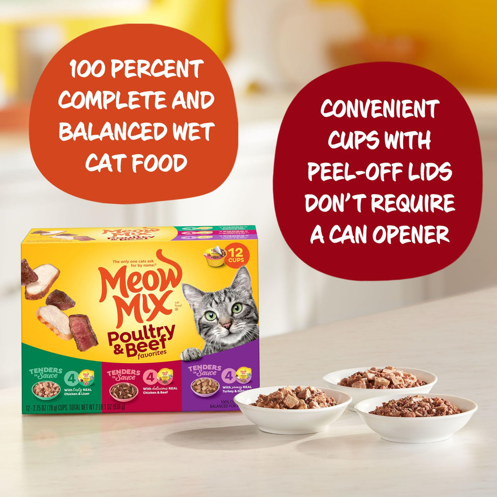 Meow Mix Tenders Chicken and Beef in Sauce cups offering wholesome protein appeal.