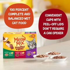 Meow Mix Tenders Chicken and Beef in Sauce cups offering wholesome protein appeal.