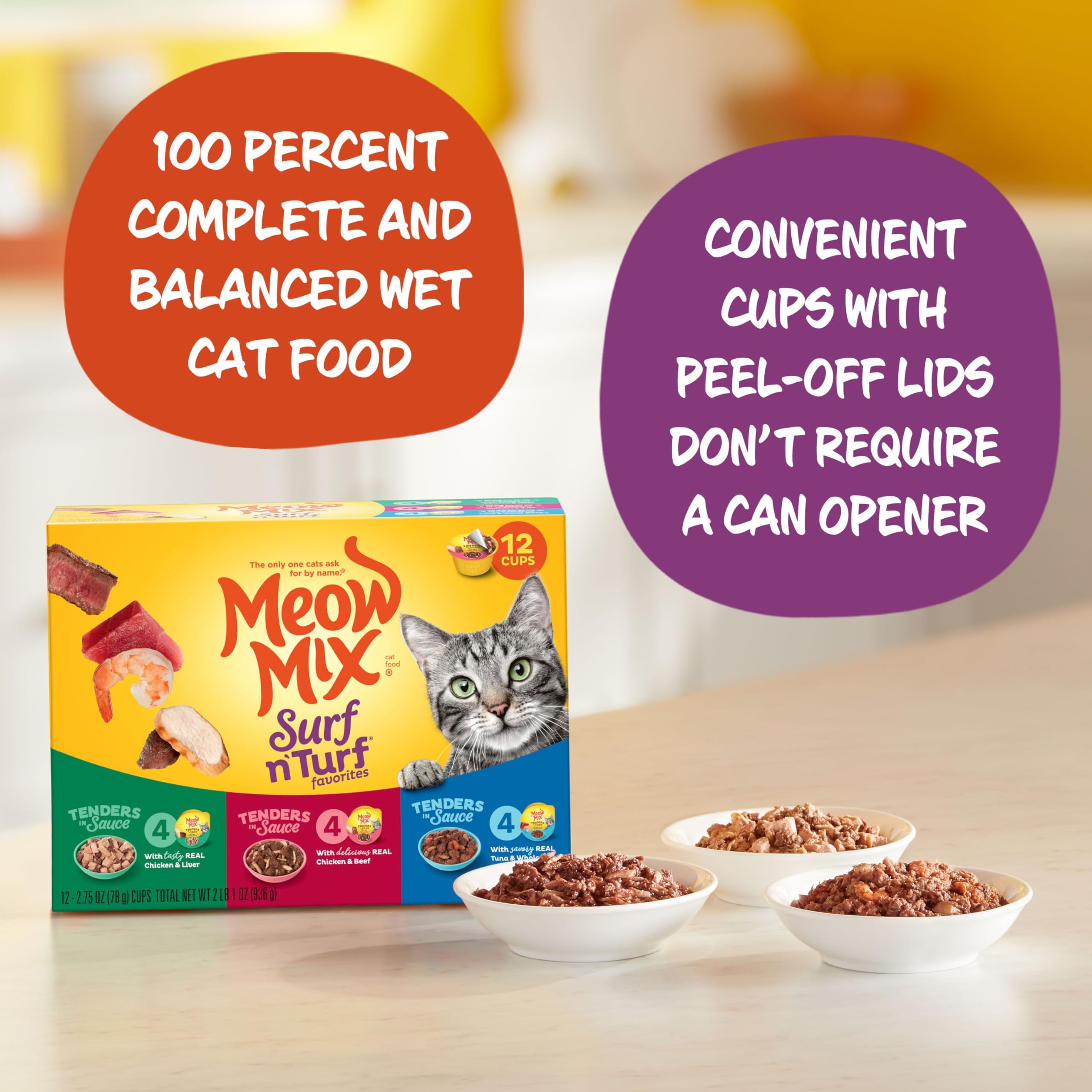 Meow Mix three recipe set visual featuring tuna shrimp, chicken beef, and chicken liver.