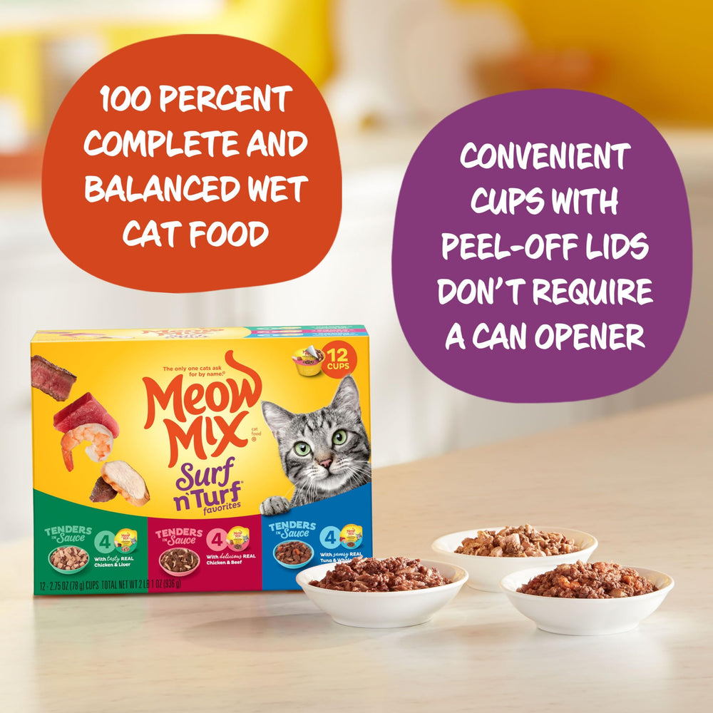 Meow Mix three recipe set visual featuring tuna shrimp, chicken beef, and chicken liver.
