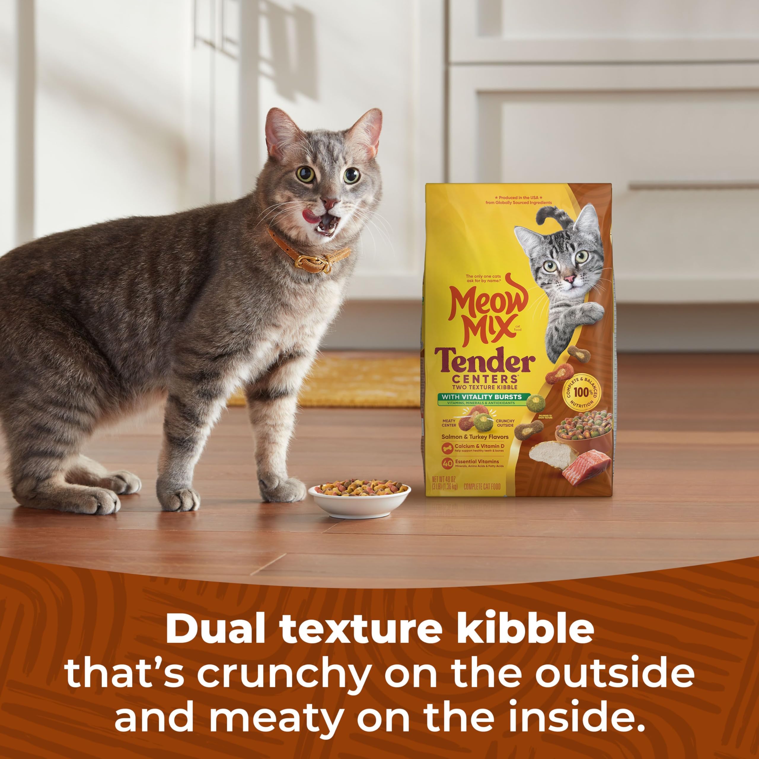 Meow Mix Vitality Bursts visual suggests antioxidant blend for pets.