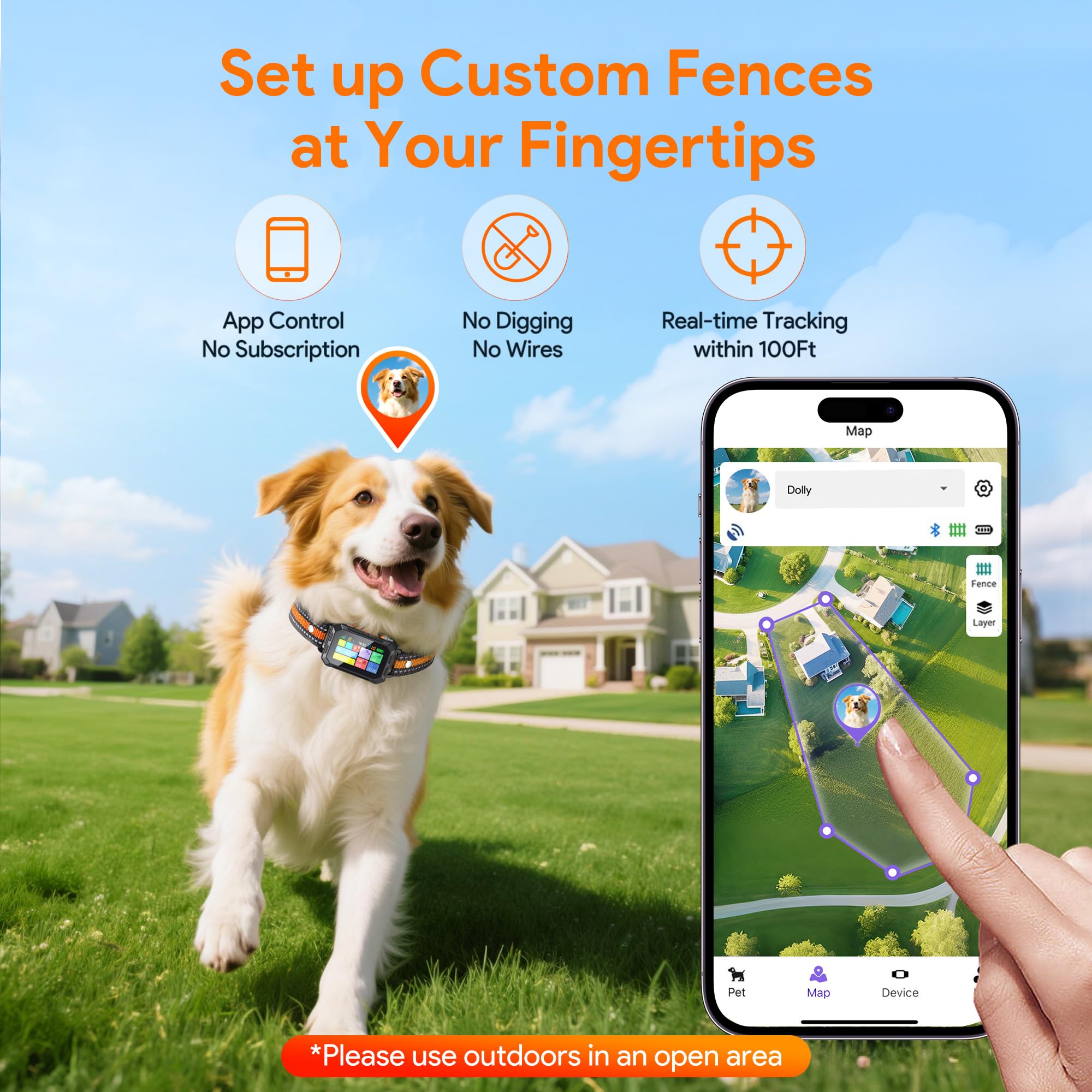 Meowant app based boundary setup enables wire free fencing in minutes.