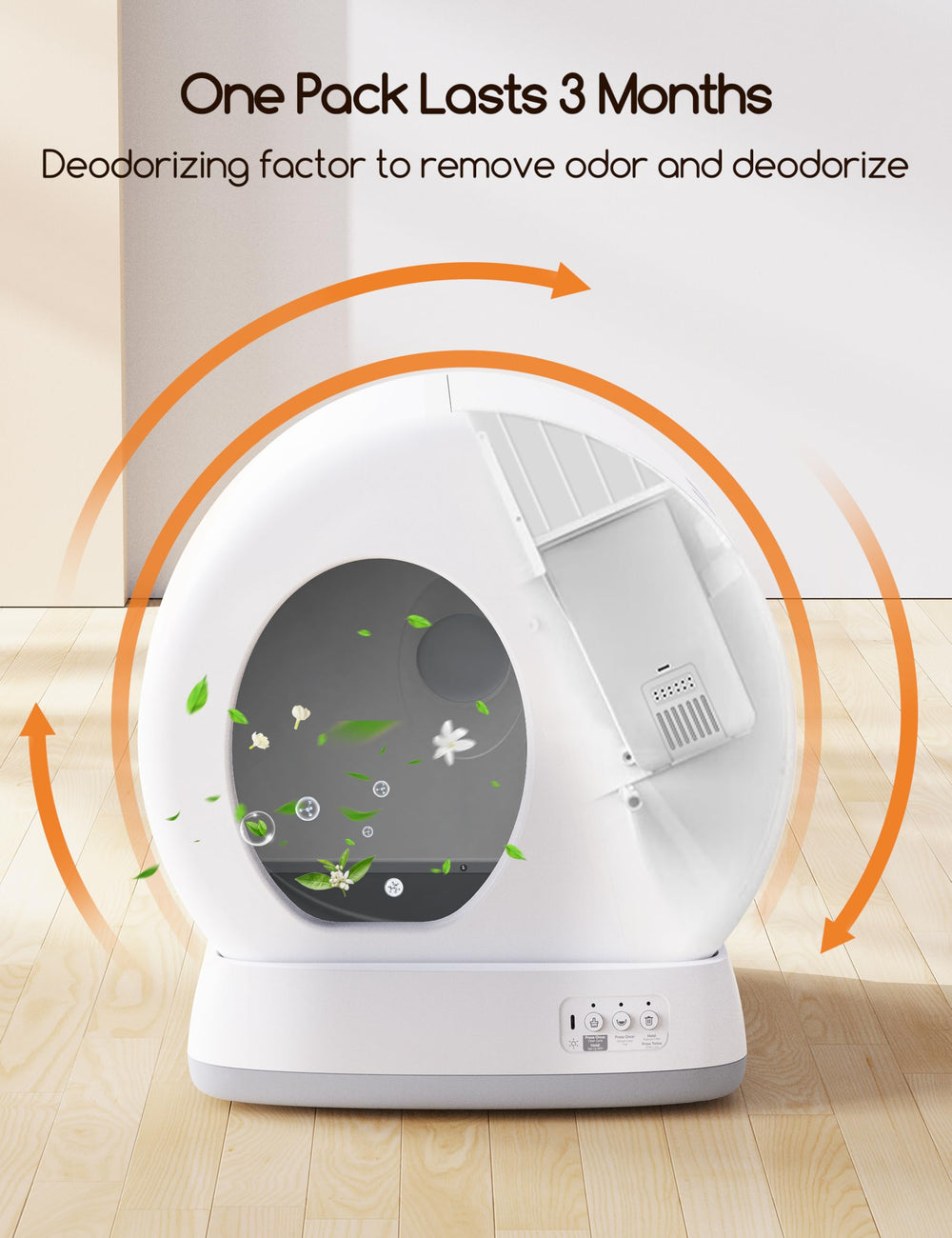 Meowant fragrance diffusion illustrates ongoing deodorizing action in a litter box.