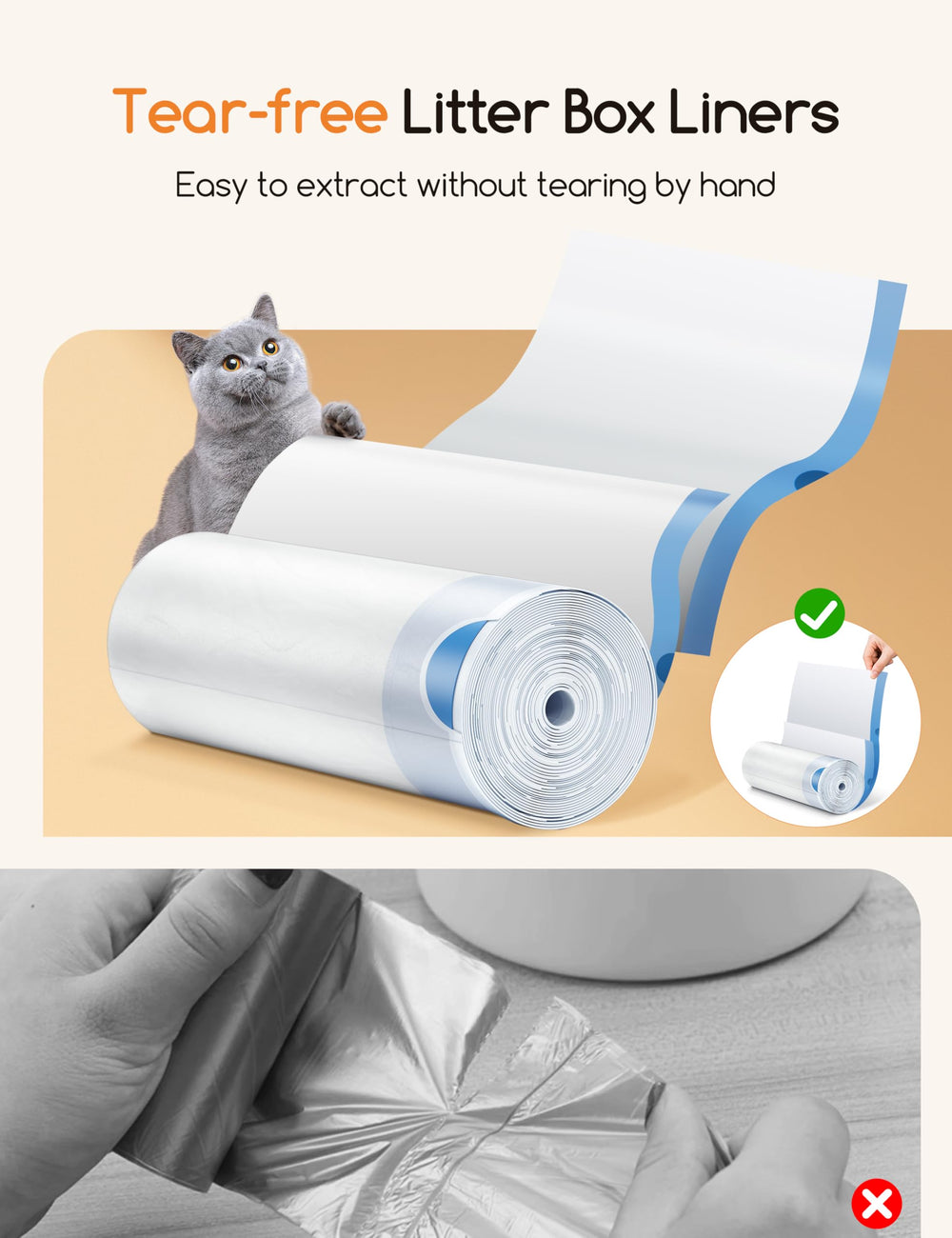 Meowant heavy-duty drawstring bags highlight quick, odor-free litter changes.