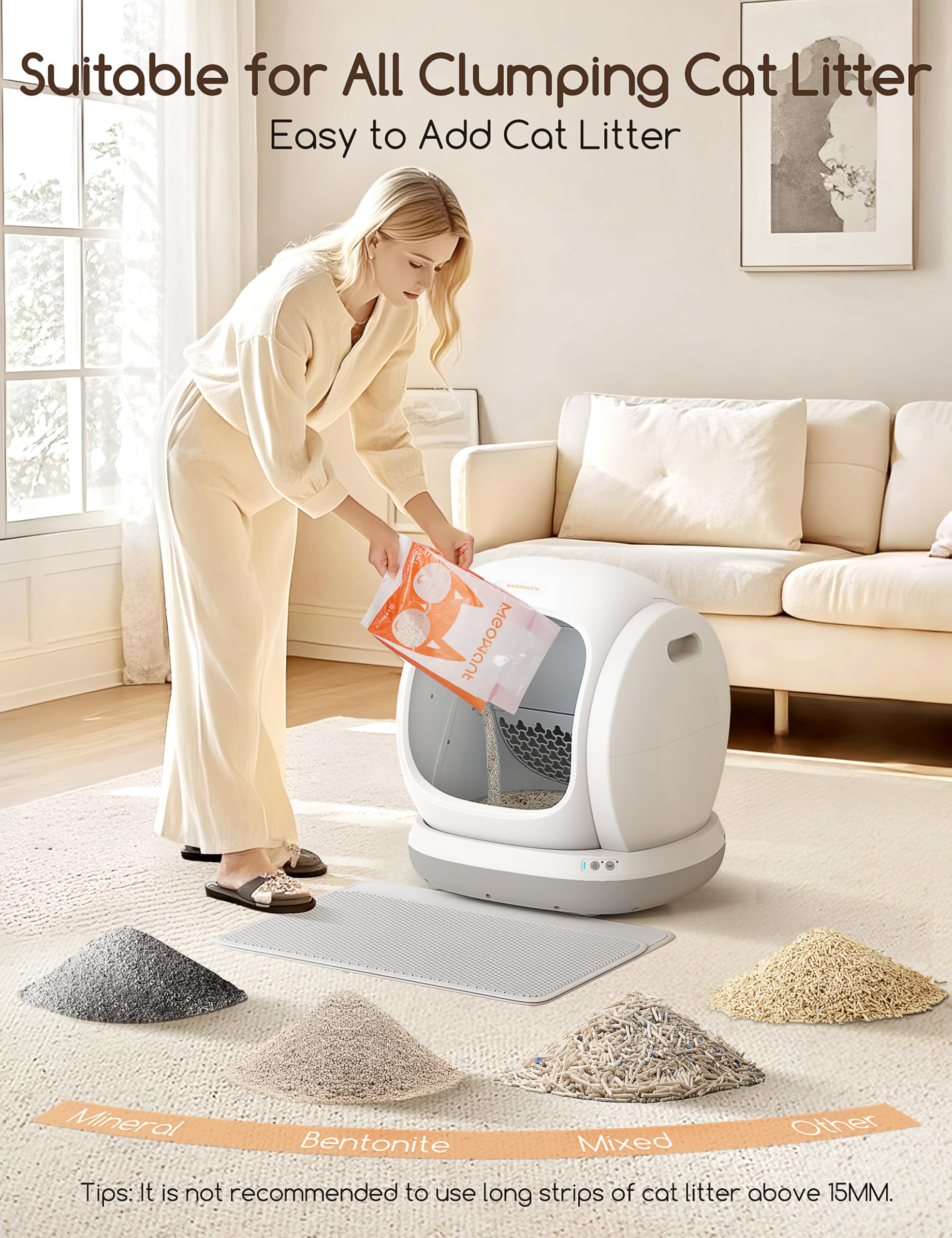 Meowant compatibility with clumping litters under 15mm for flexible use.