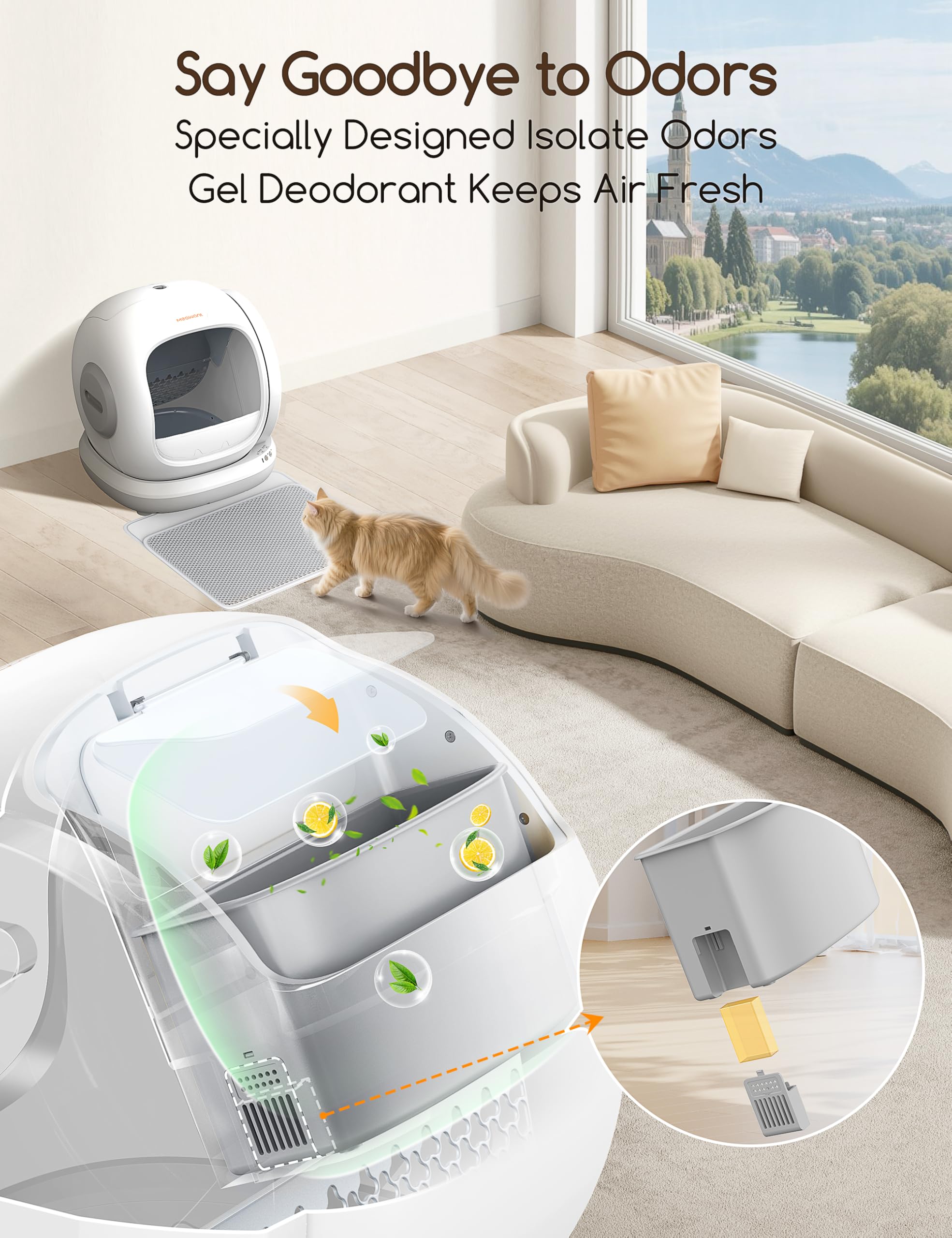 Meowant odor eliminator gel closeup highlights safe plant-based formula for homes with cats