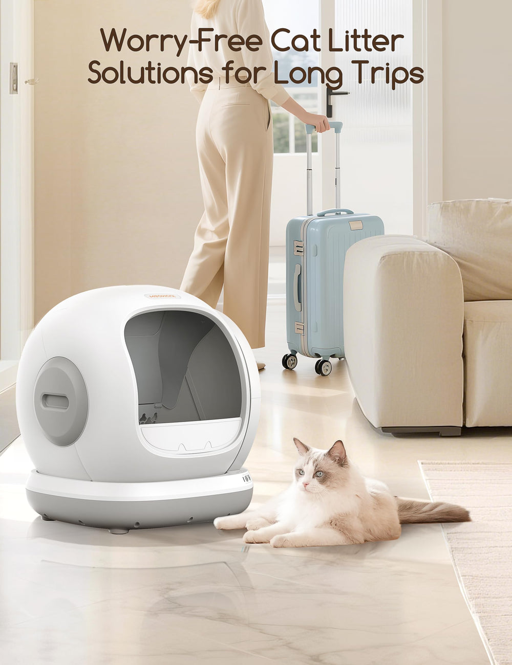 Meowant safety sensors prevent pinching during automatic cleaning.