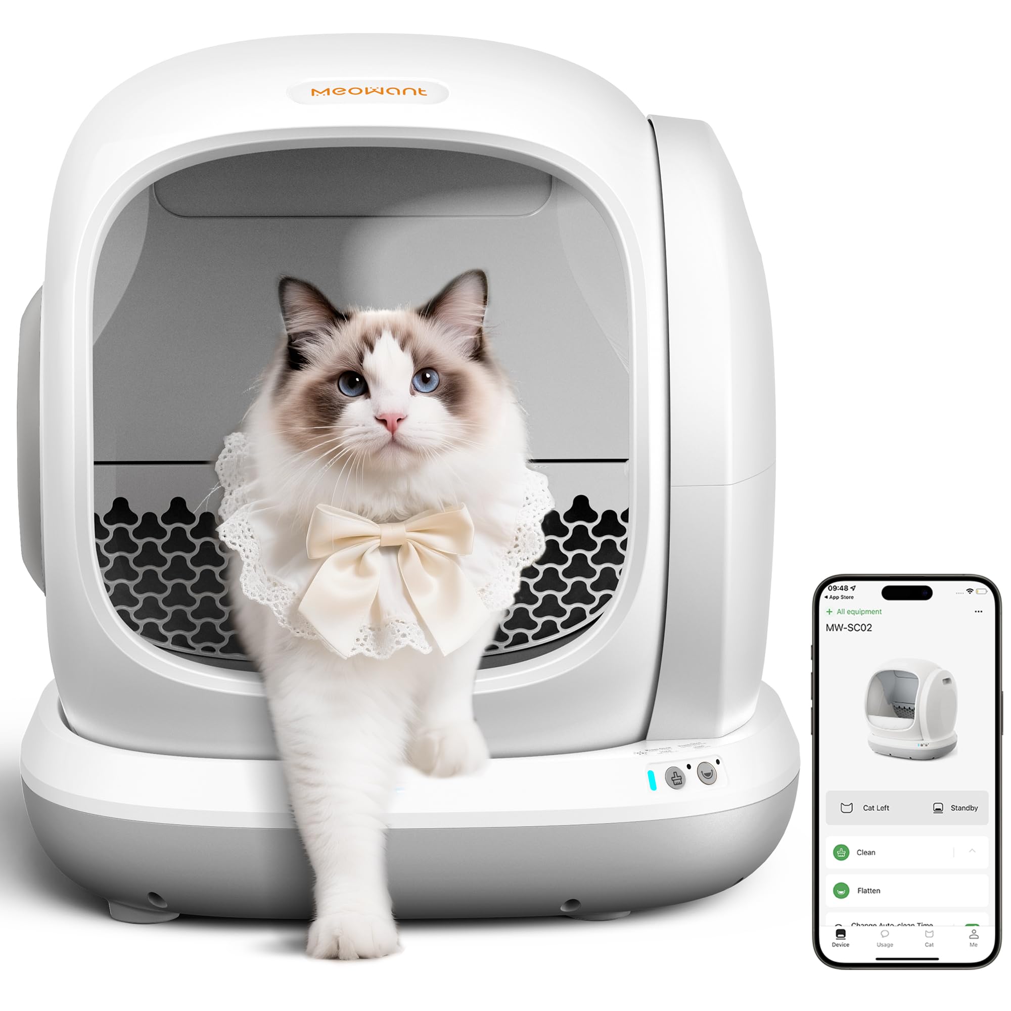 Meowant self-cleaning litter box front view with spacious 75L interior for multiple cats.