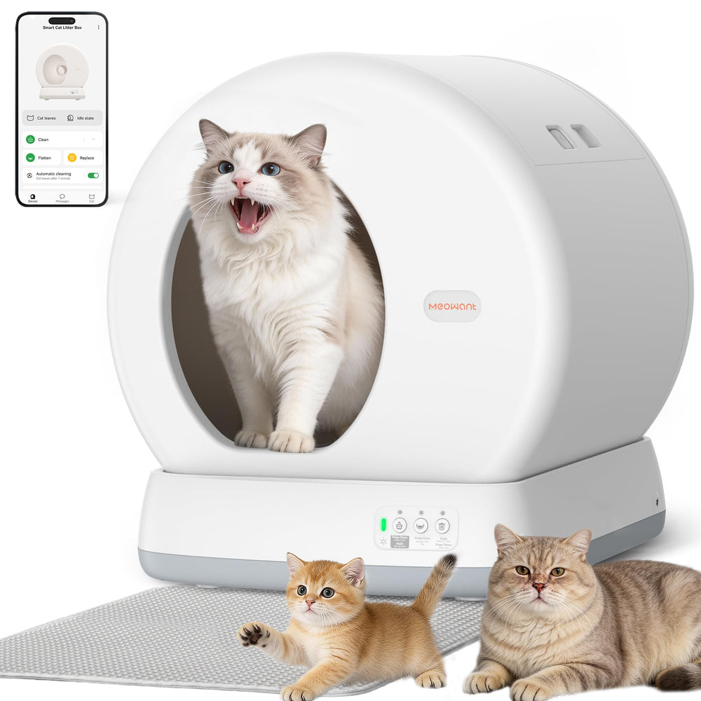 Meowant self-cleaning litter box front view showing spacious design for multiple cats