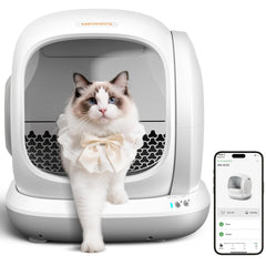 Meowant self-cleaning litter box front view with spacious 75L interior for multiple cats.