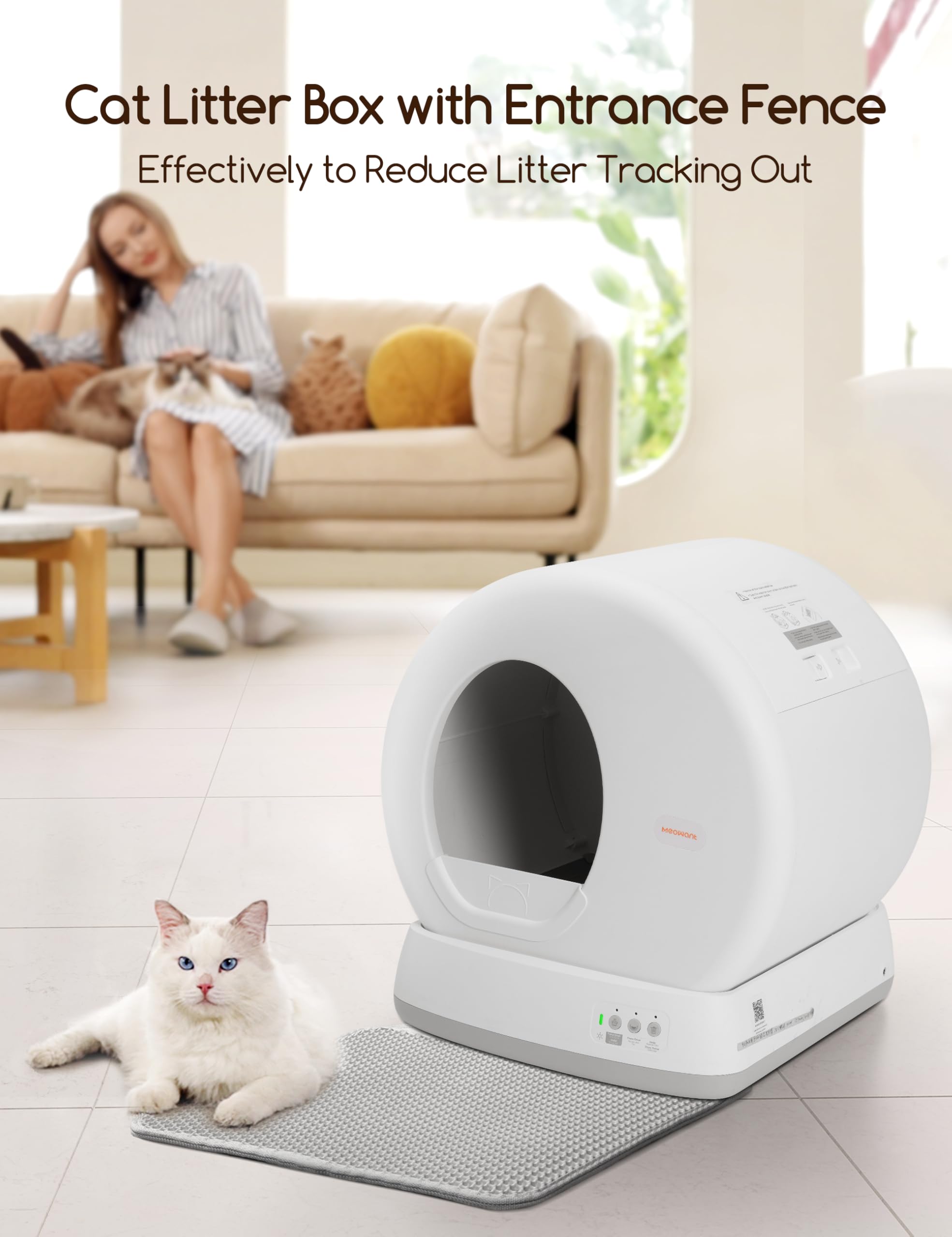 Meowant self-cleaning litter box interior space highlights 57.6L capacity for several cats