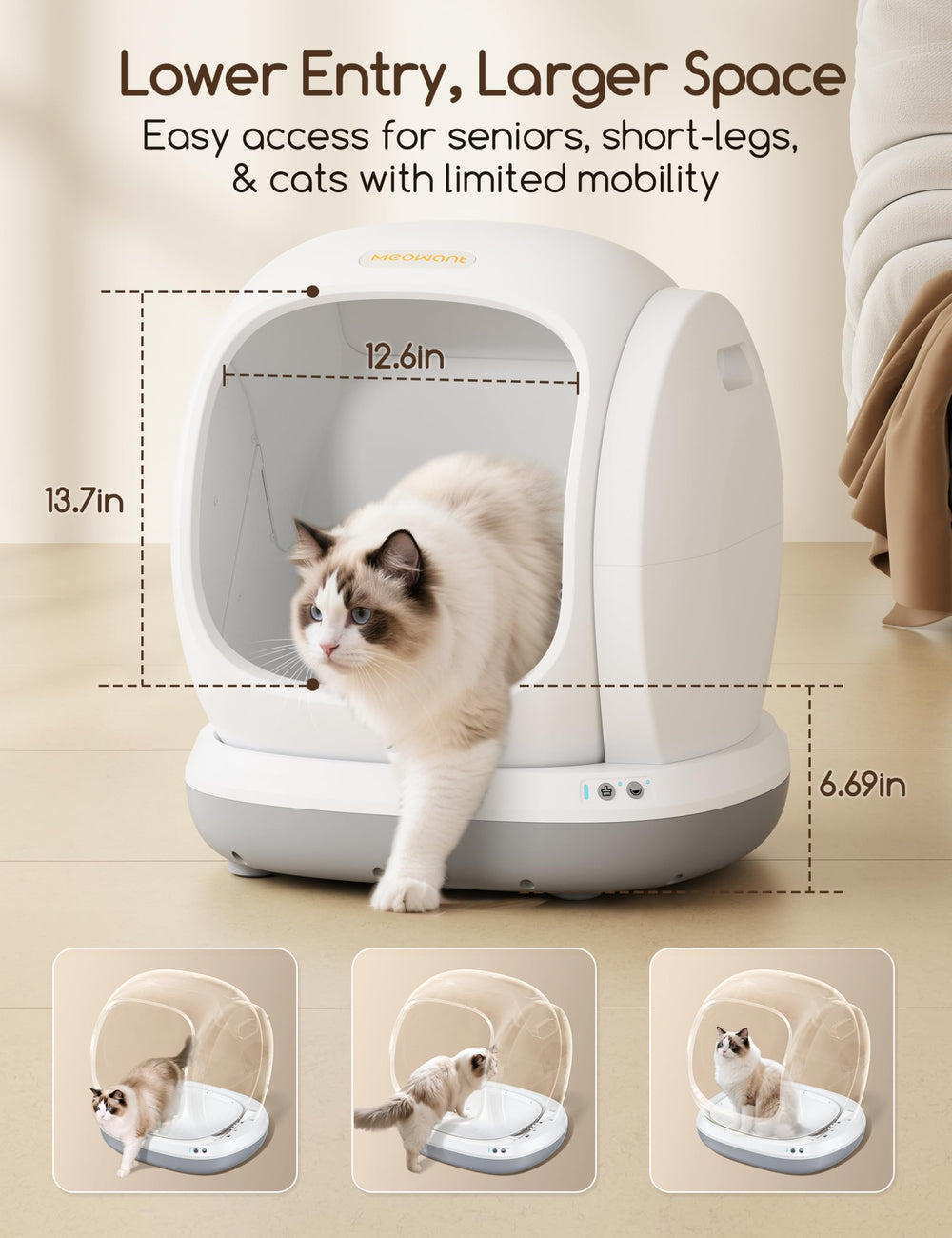 Meowant self-cleaning litter box low-entry design ideal for senior and large cats.