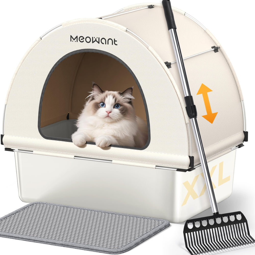 Meowant stainless steel litter box with extendable scoop for easy cleanup.