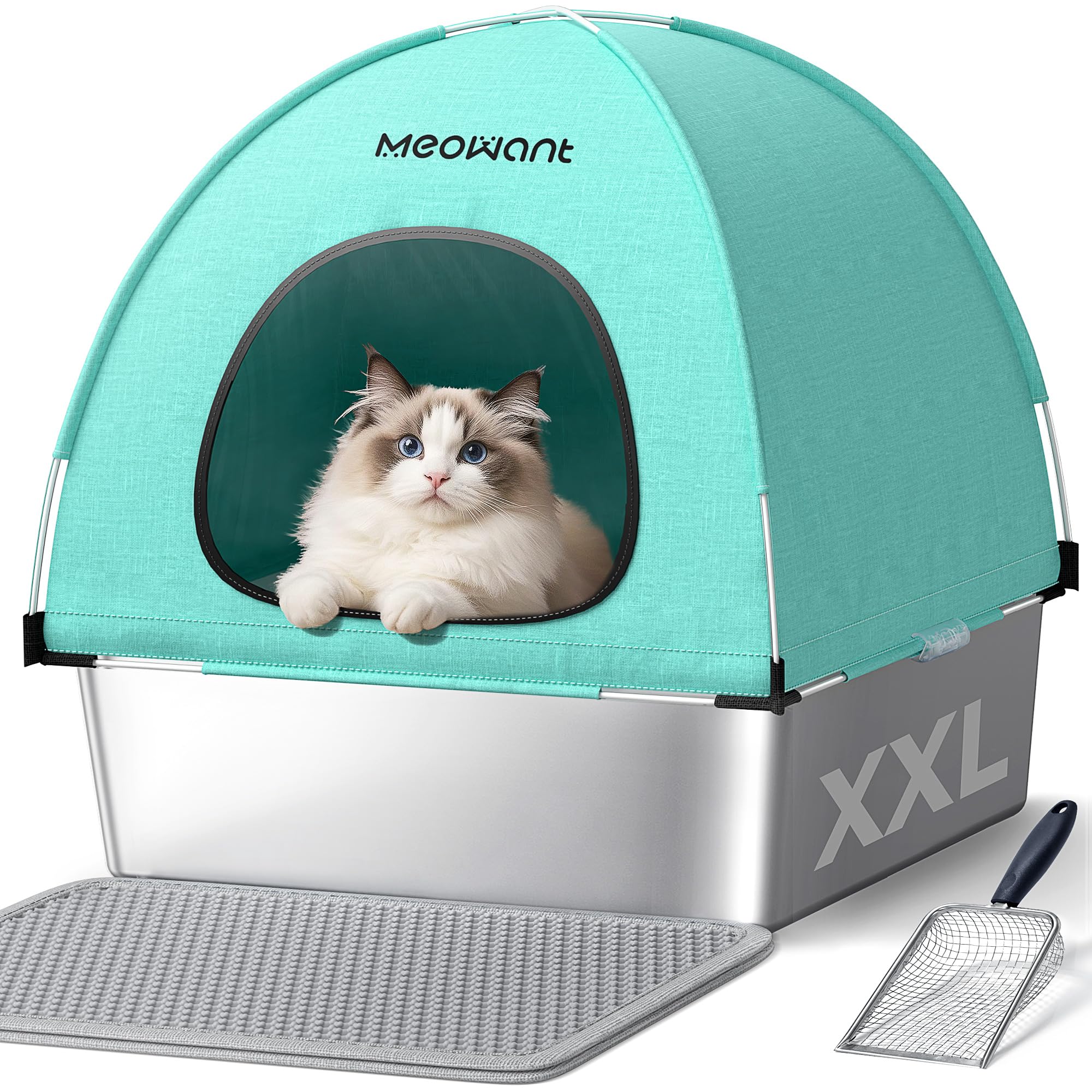 Meowant stainless-steel cat litter box with lid, front view, showing spacious interior for larger cats