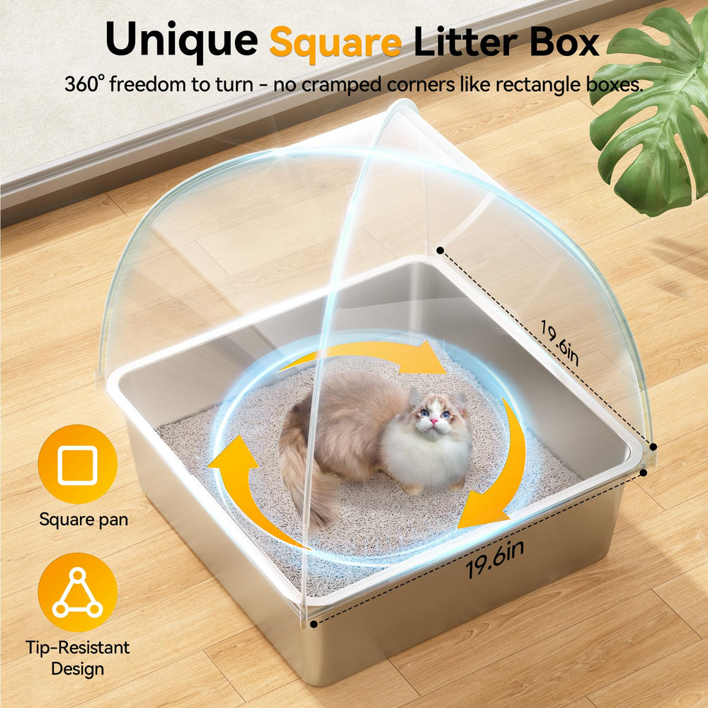 Meowant stainless-steel cat litter box with lid, top view highlighting square footprint