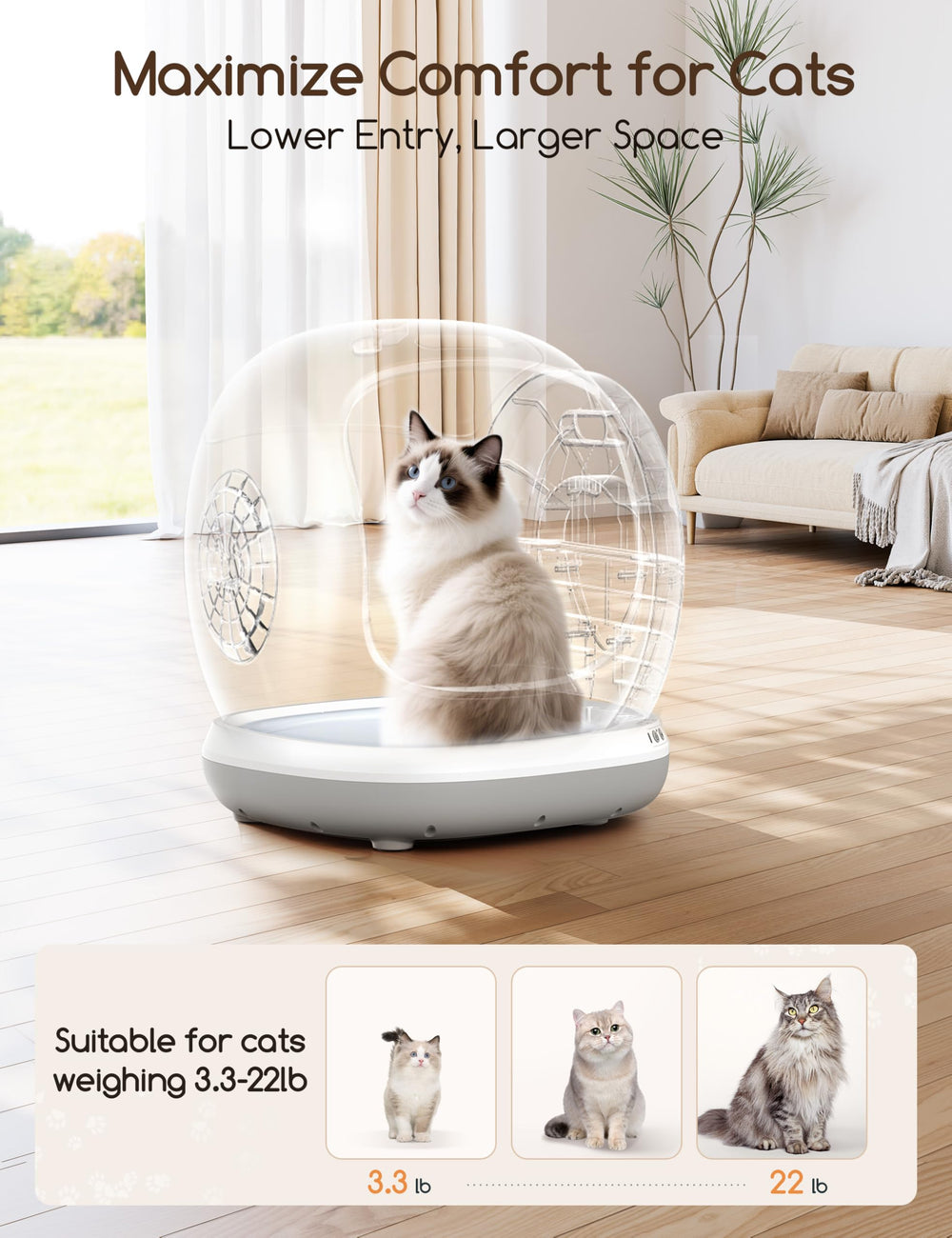 Meowant ultra-quiet 35dB motor ensures calm home environments.