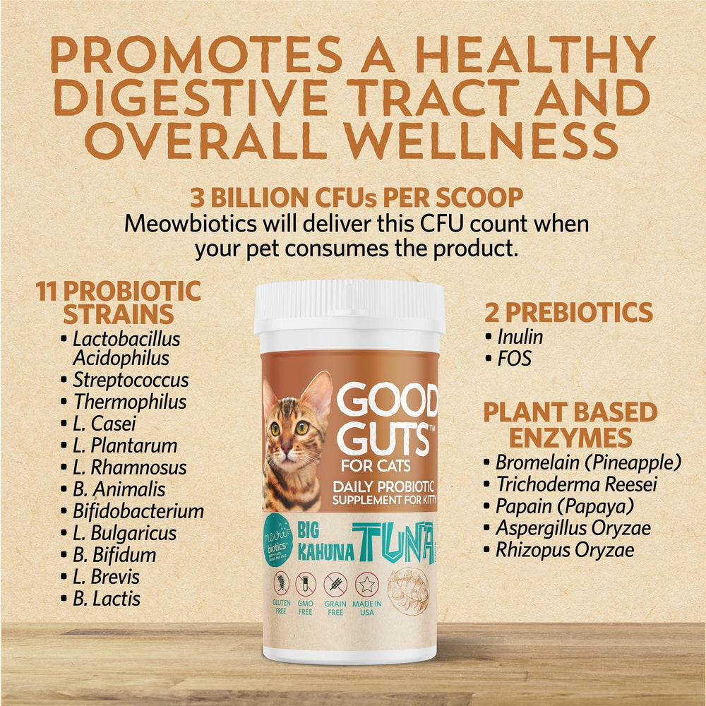 Meowbiotics Good Guts enzymes and prebiotics close-up.