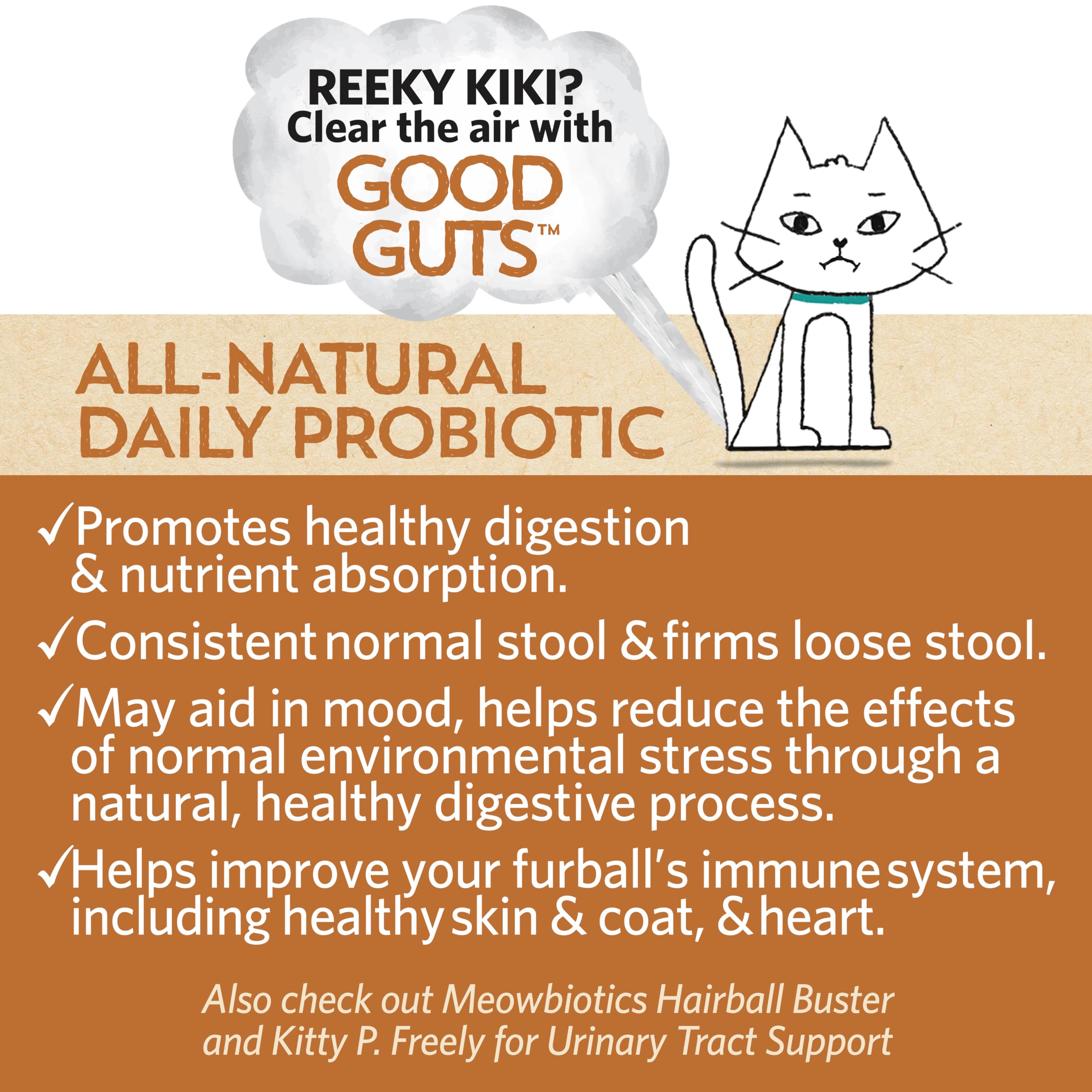 Meowbiotics Good Guts powder dispensed with a scoop for feeding.