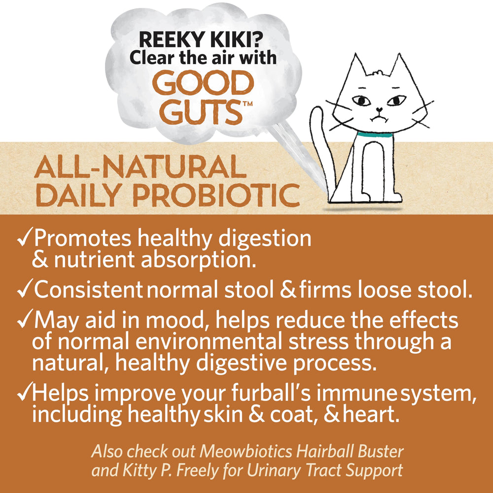 Meowbiotics Good Guts powder dispensed with a scoop for feeding.