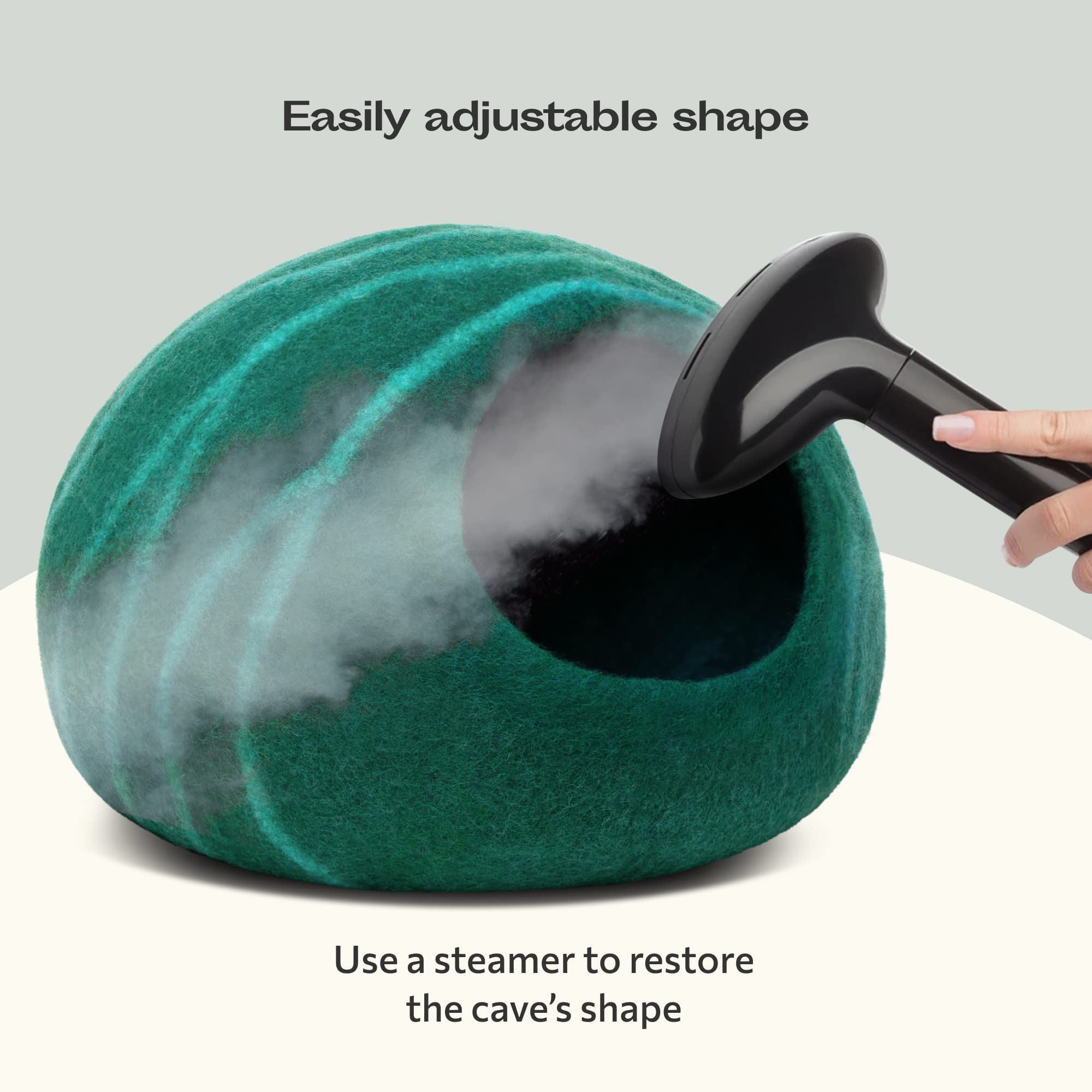 MEOWFIA Cat Cave Emerald Large care-ready: natural wool lasts with proper care.
