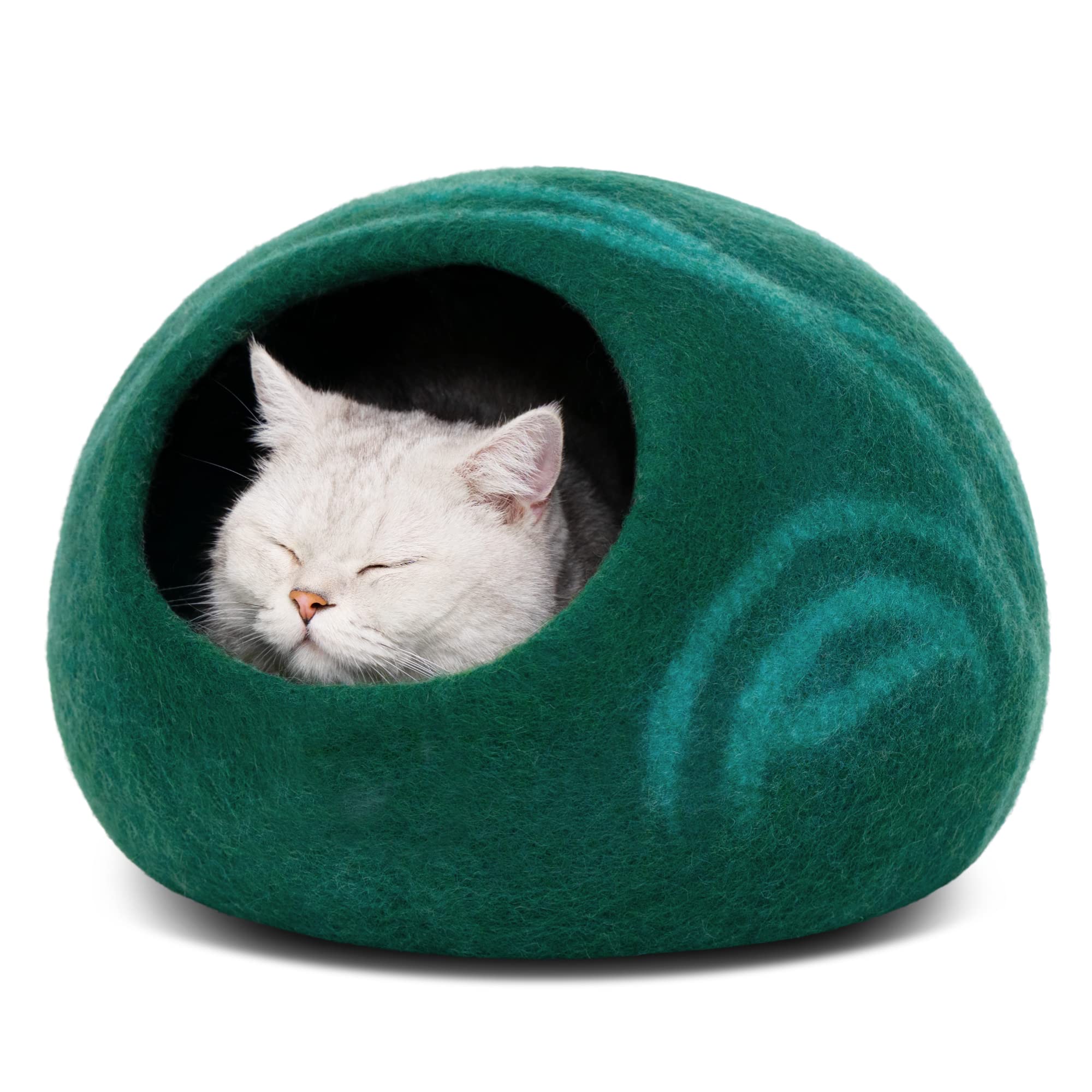 MEOWFIA Cat Cave Emerald Large: front view highlighting cozy felt entrance for indoor cats.