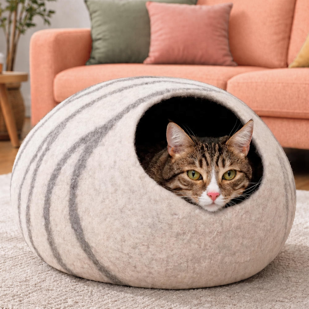 MEOWFIA Cat Cave entrance close-up highlights soft merino wool comfort.