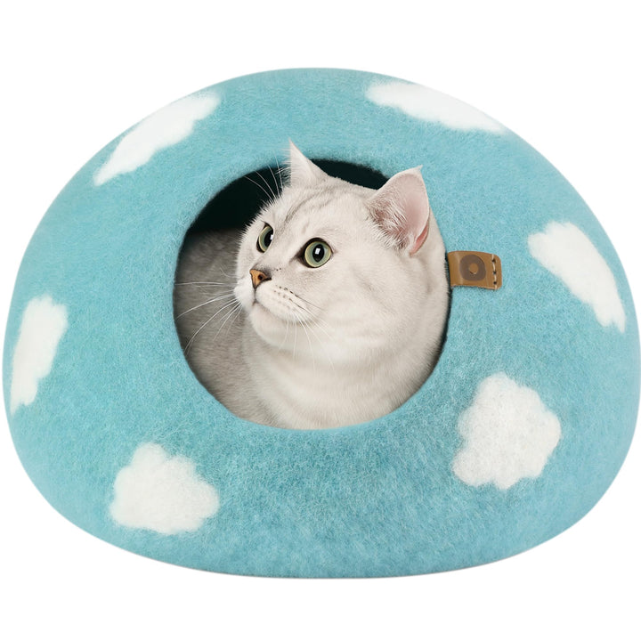MEOWFIA Cat Cave nap blue top view shows cozy hideaway for indoor cats.