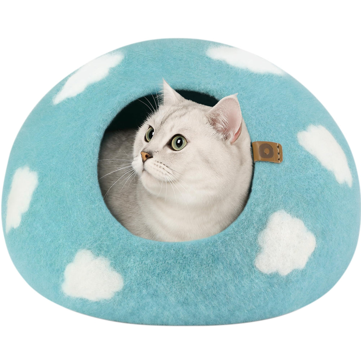 MEOWFIA Cat Cave nap blue top view shows cozy hideaway for indoor cats.