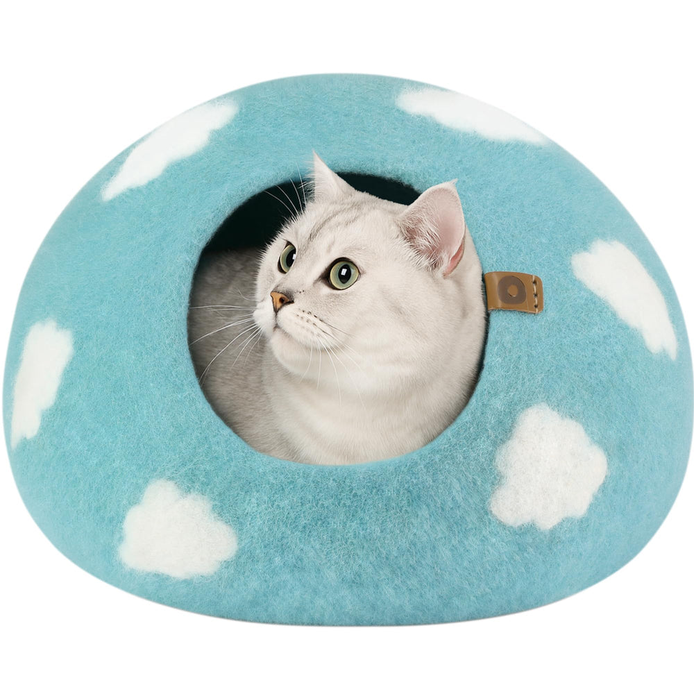 MEOWFIA Cat Cave nap blue top view shows cozy hideaway for indoor cats.