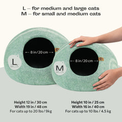 MEOWFIA Cat Cave Pistachio interior view showing plush merino wool comfort.