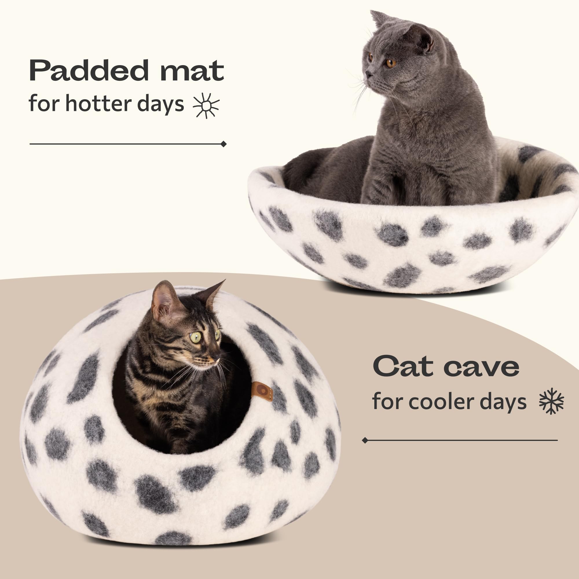 MEOWFIA Cat Cave Snow Leopard interior highlights plush wool cushioning for naps.