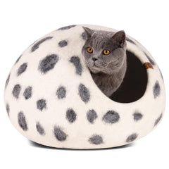 MEOWFIA Cat Cave Snow Leopard outer view showcases natural wool shelter for cozy hiding.