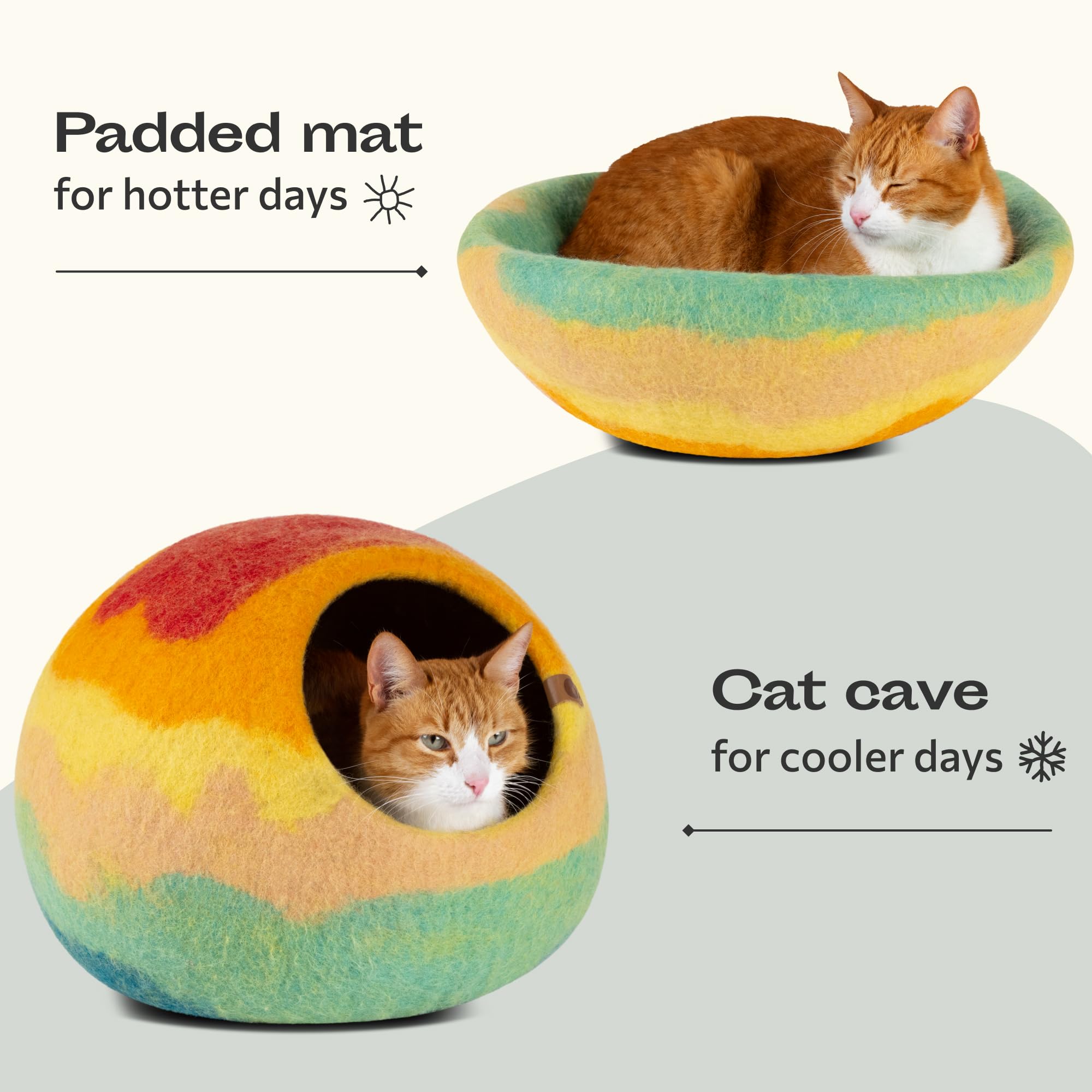 MEOWFIA Cat Cave felt texture, natural merino wool for warm comfort.