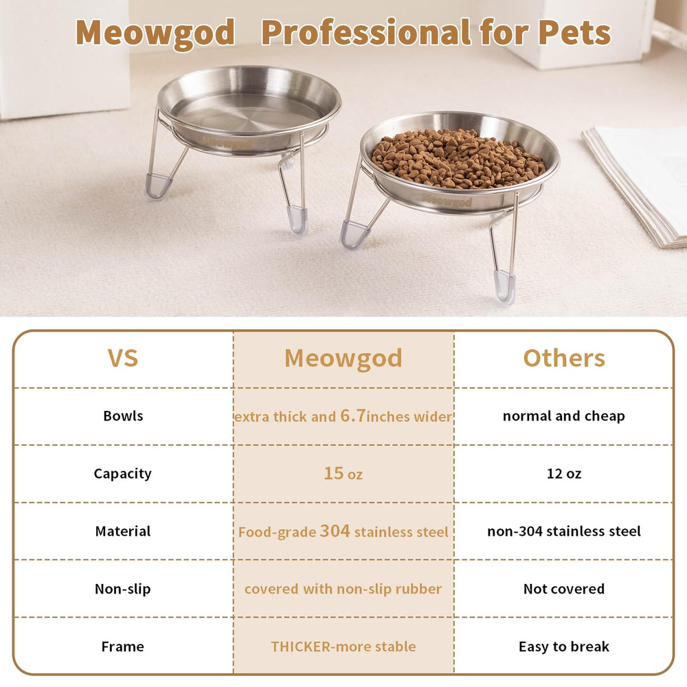 Two-pack Meowgod elevated bowls provide versatile feeding options.