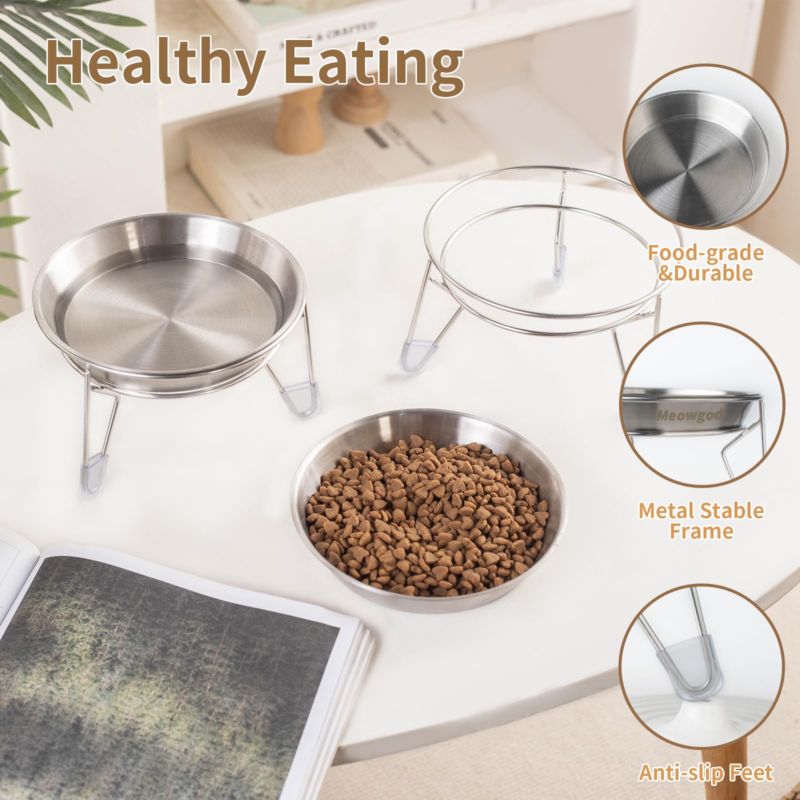 Meowgod whisker-friendly rim reduces edge contact for tidy meals.