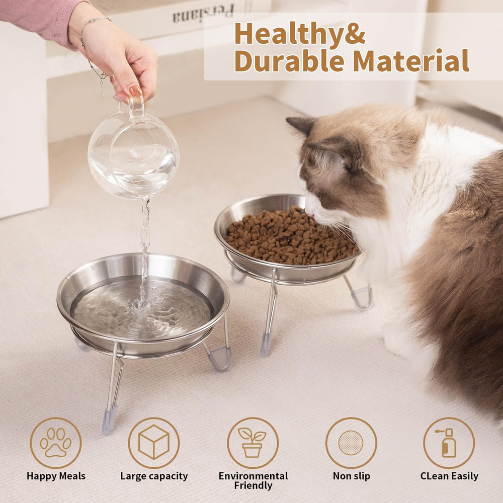 Meowgod stainless steel bowls offer 15oz capacity for meals or water.