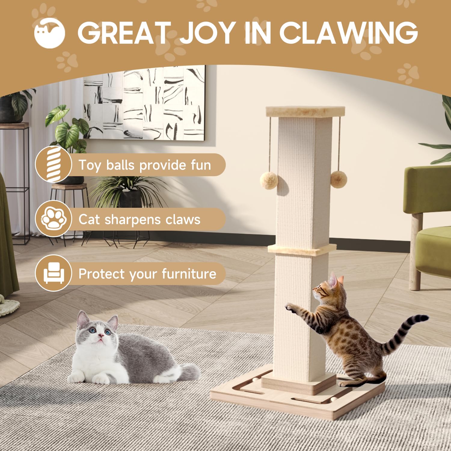 MeowHomm heavy-base tower provides stability during vigorous scratching and play