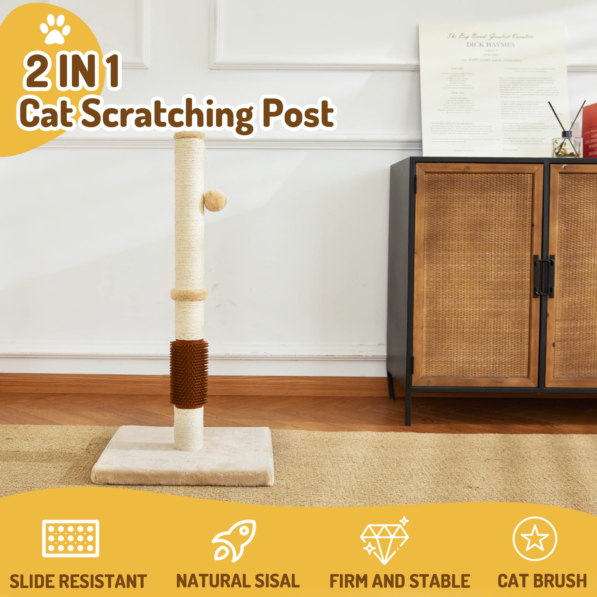 Built-in self-groomer brush offers a gentle massage while cats scratch.