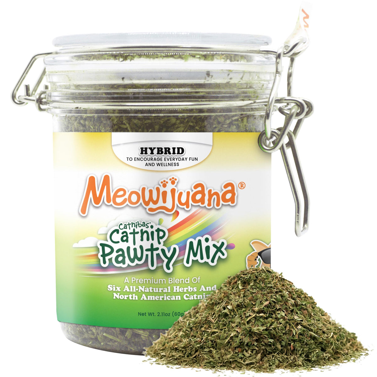 Meowijuana Catnibas Pawty Mix jar shows premium herb blend for playful indoor cats.