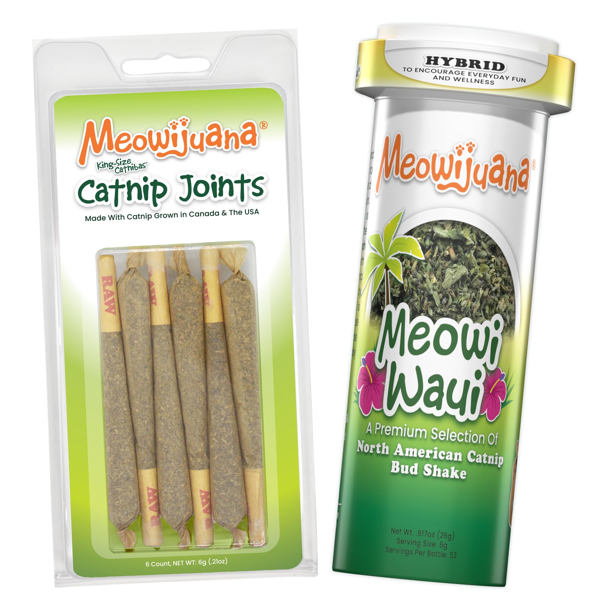 Meowijuana Meowi-Waui king-sized catnip rolls for interactive play and enrichment.