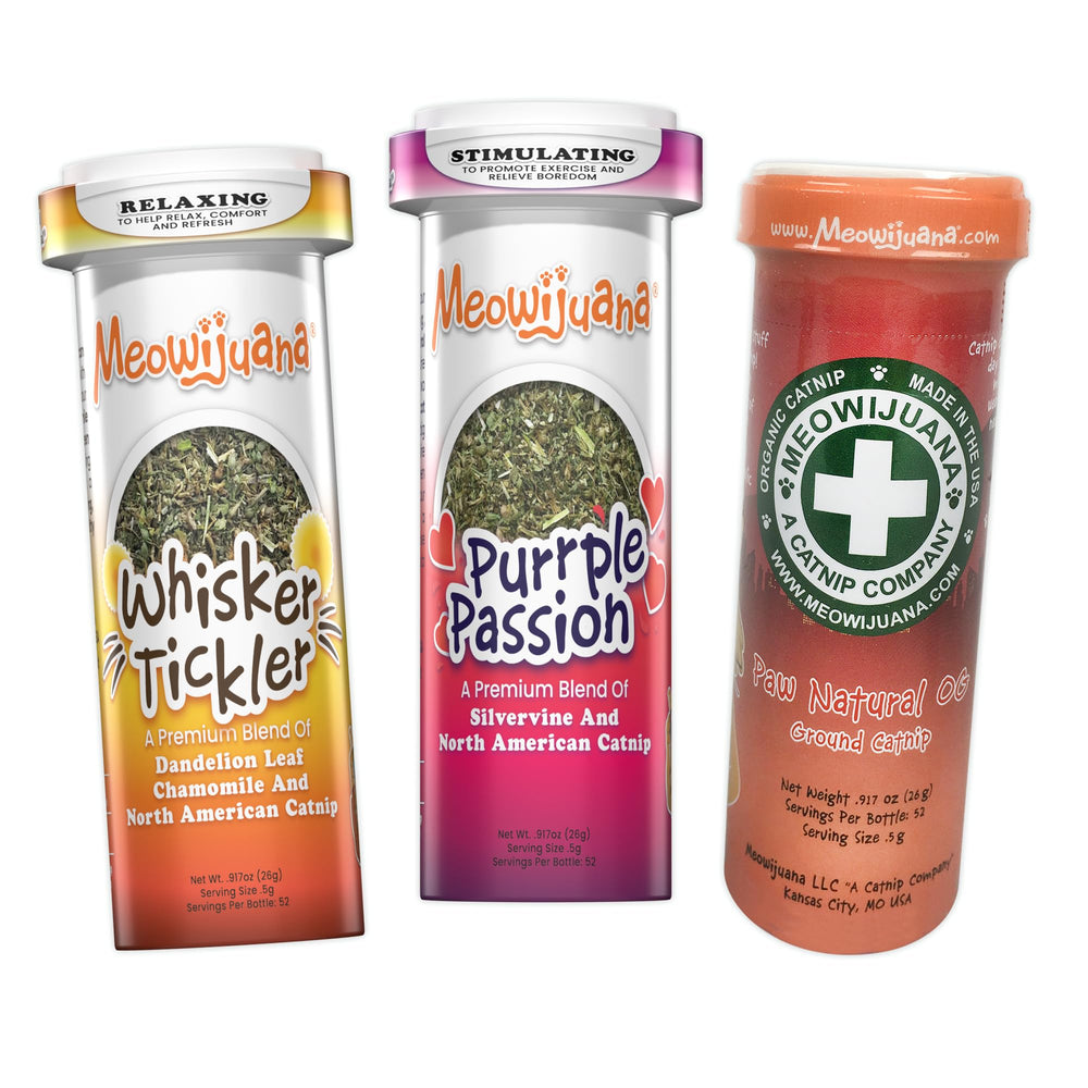 Meowijuana Purr-Effect Trio Pack bottle front shows high potency blend for engaging play sessions.