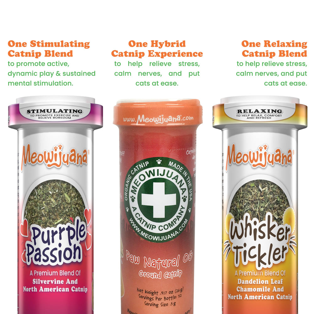 Meowijuana Purrple Passion catnip closeup highlights vibrant aroma and premium quality.