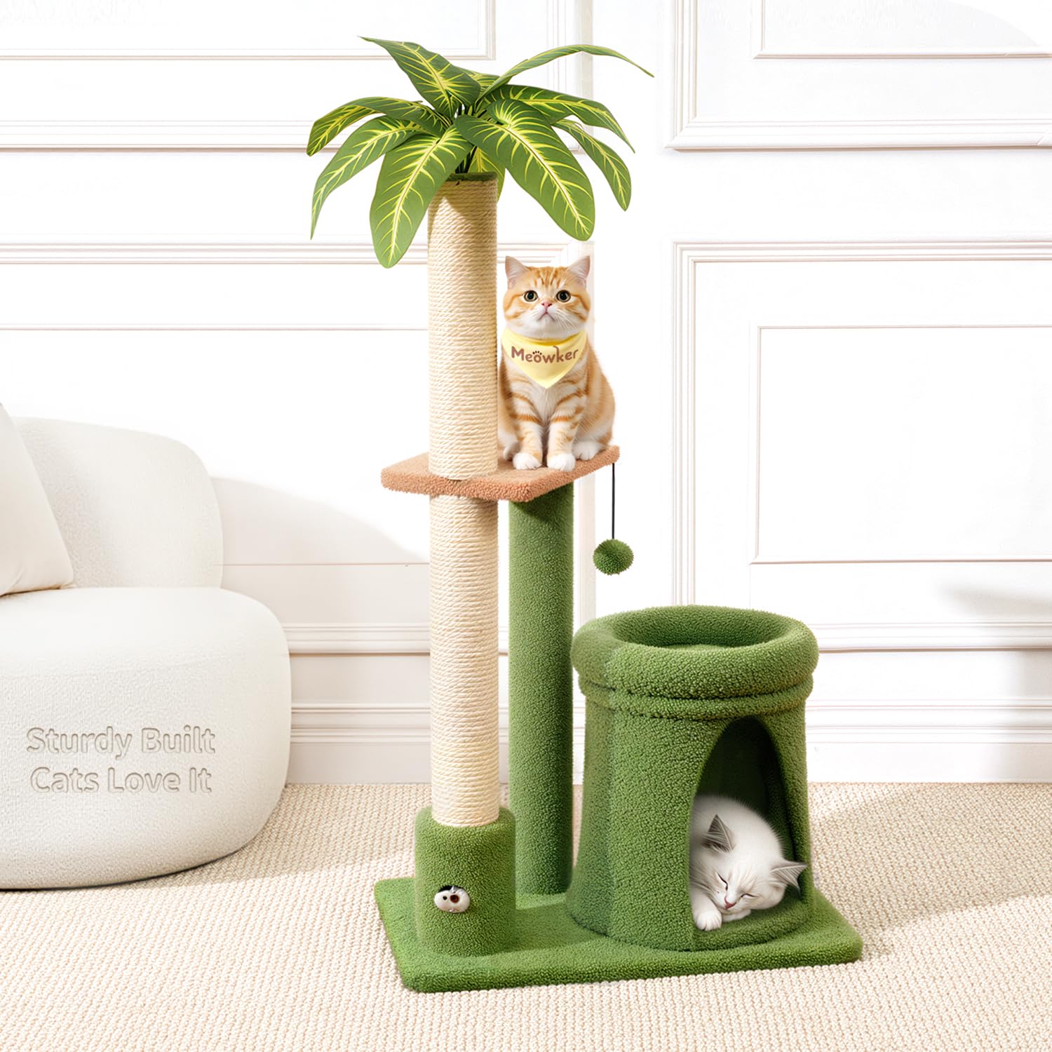 Meowker cat tree tower with sisal post supports furniture protection.