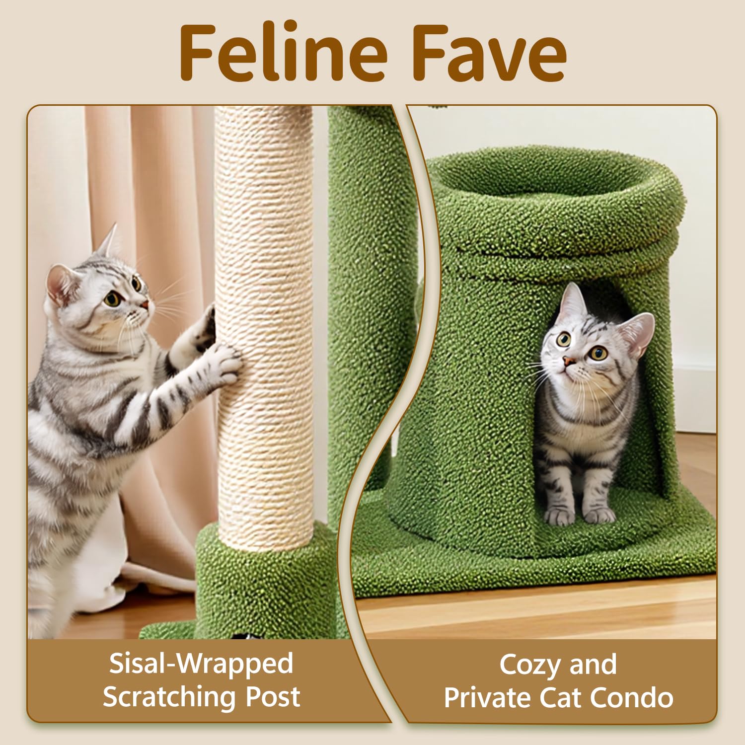 Meowker palm leaf finials add playful decor.