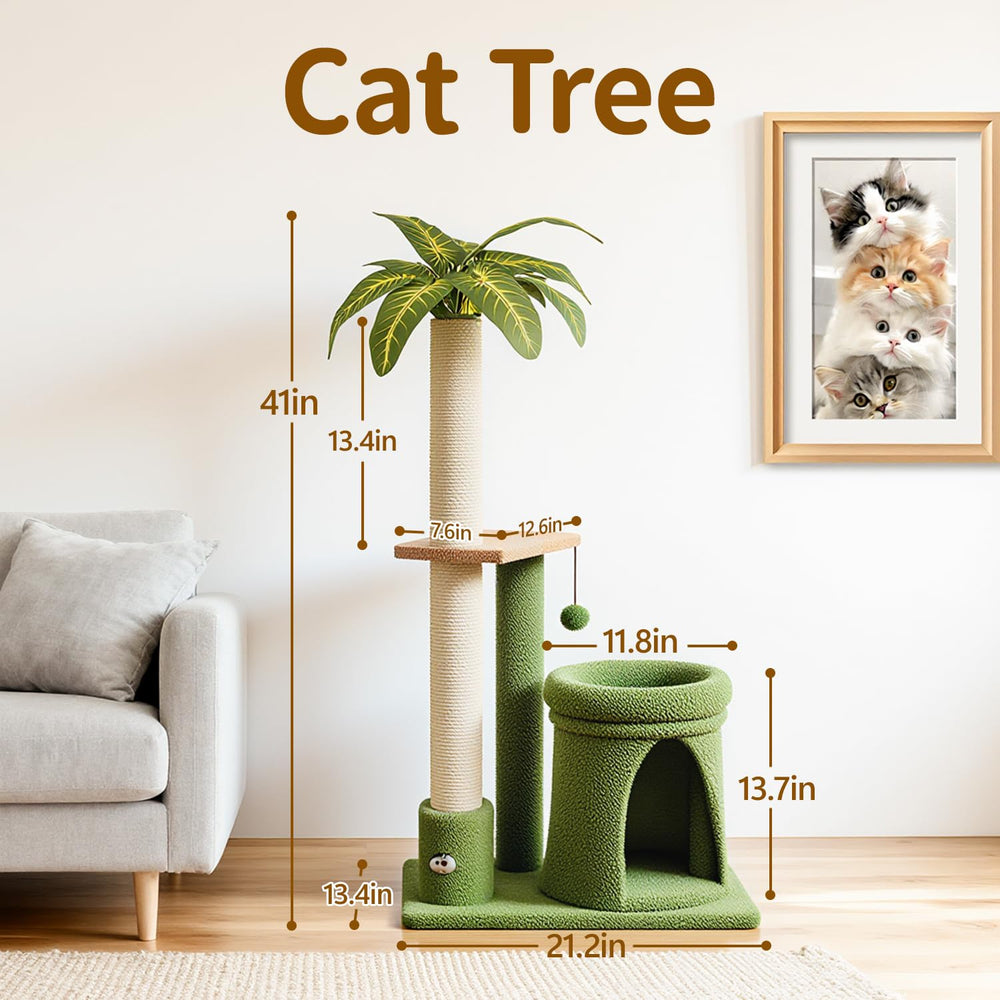 Meowker palm tree condo with cozy bed for kittens.