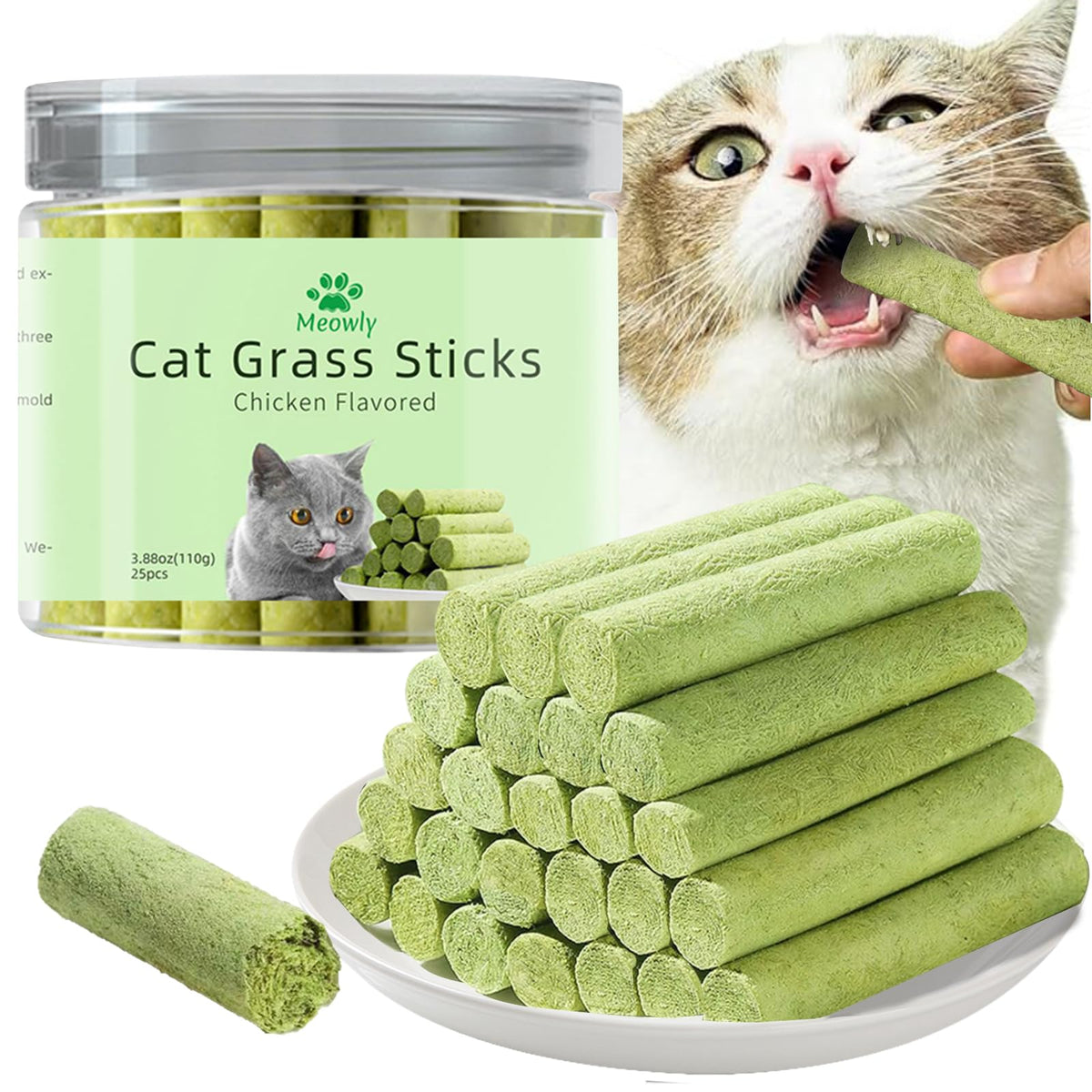 Meowly cat grass cubes with chicken flavor packaging, ready to support digestion and hairball prevention.
