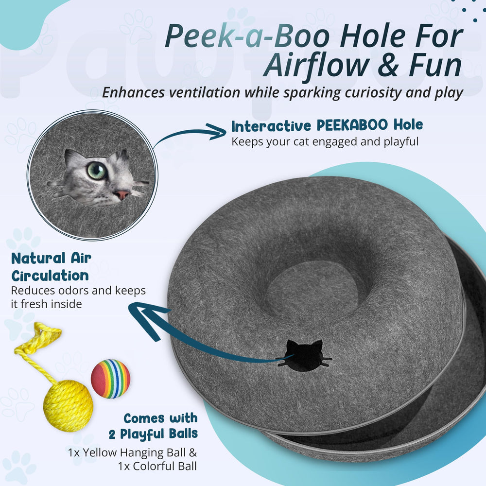 MeowMates Peekaboo round tunnel with hanging ball encourages active play.